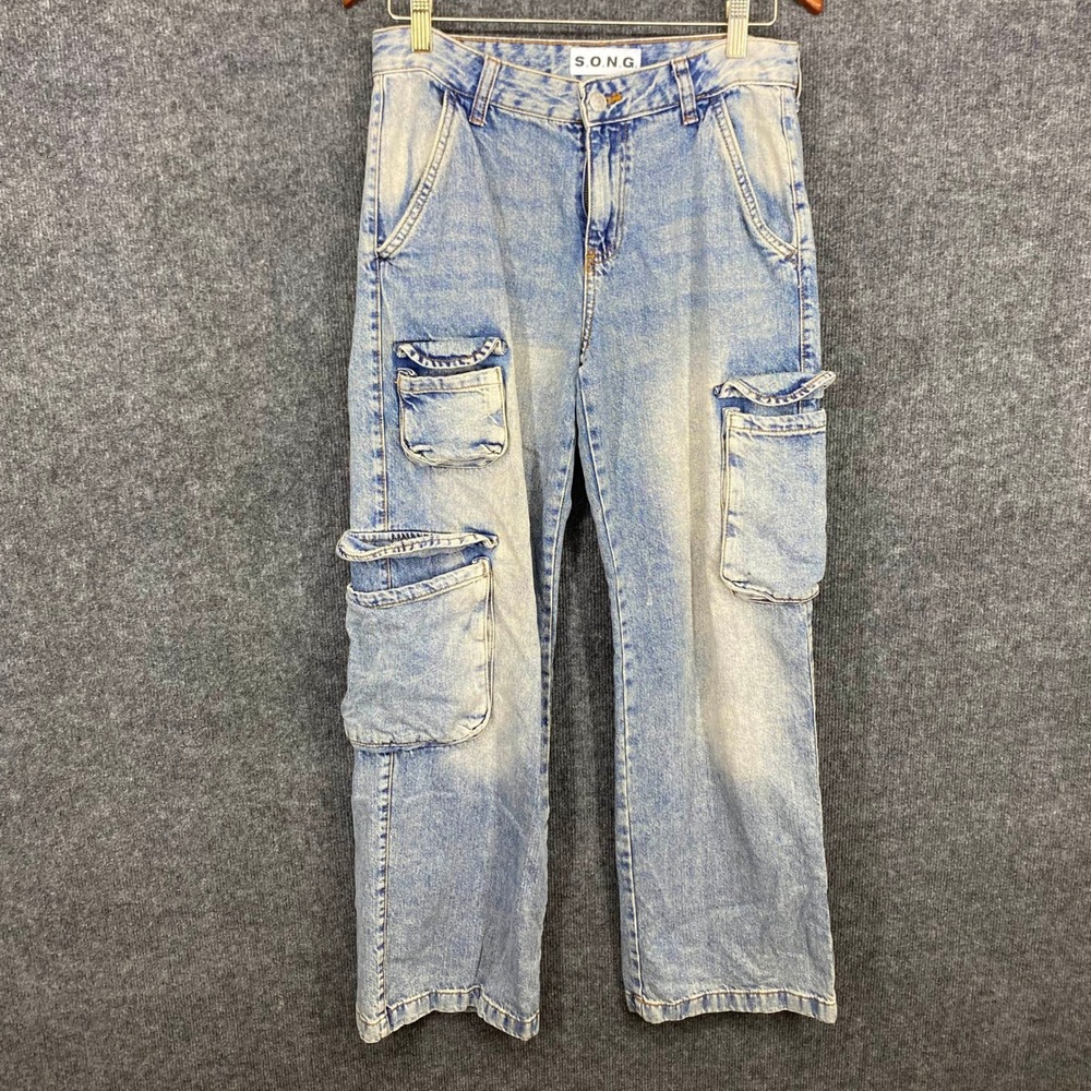SONG Light Wash Cargo Jeans Womens 5/27 Blue Cotton Multi Pocket SJ22893TNT49910